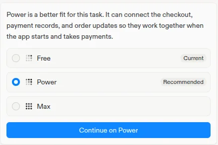 Replit Agent recommending Power mode, with a Continue on Power button