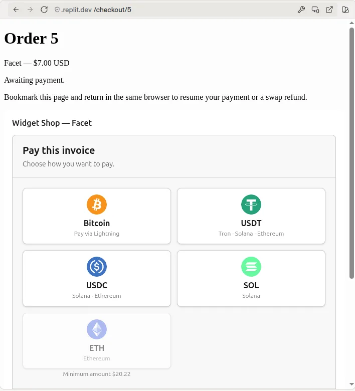 The OpenReceive checkout in Replit's Preview on a $7 order: Bitcoin, USDT, USDC and SOL, and ETH greyed out with a minimum amount of $20.22
