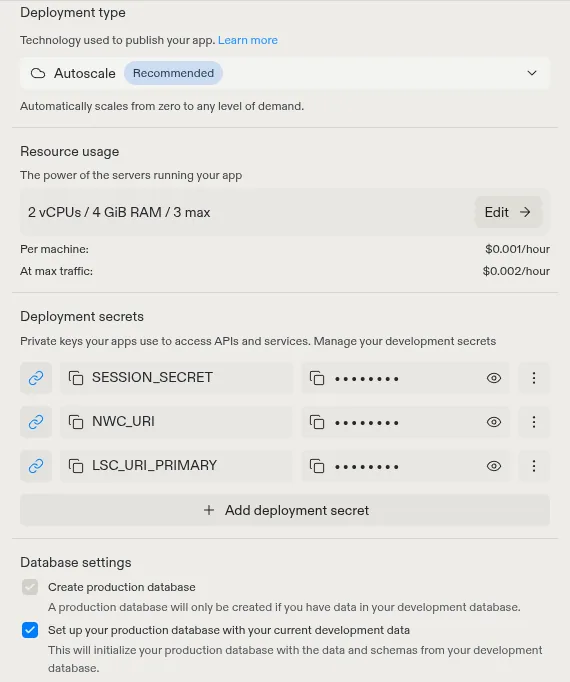 Publishing settings: Autoscale, deployment secrets NWC_URI and LSC_URI_PRIMARY linked to the app's Secrets, and the database settings