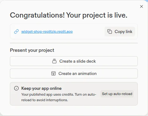 Replit's message: Congratulations! Your project is live.