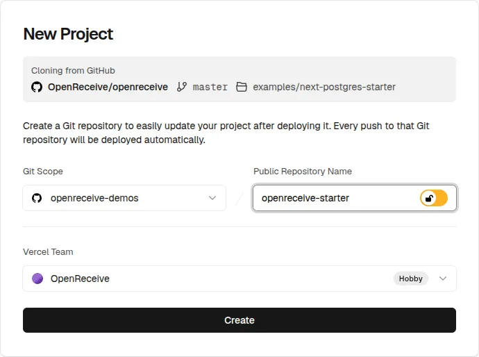Vercel's New Project form cloning the starter into a new GitHub repository