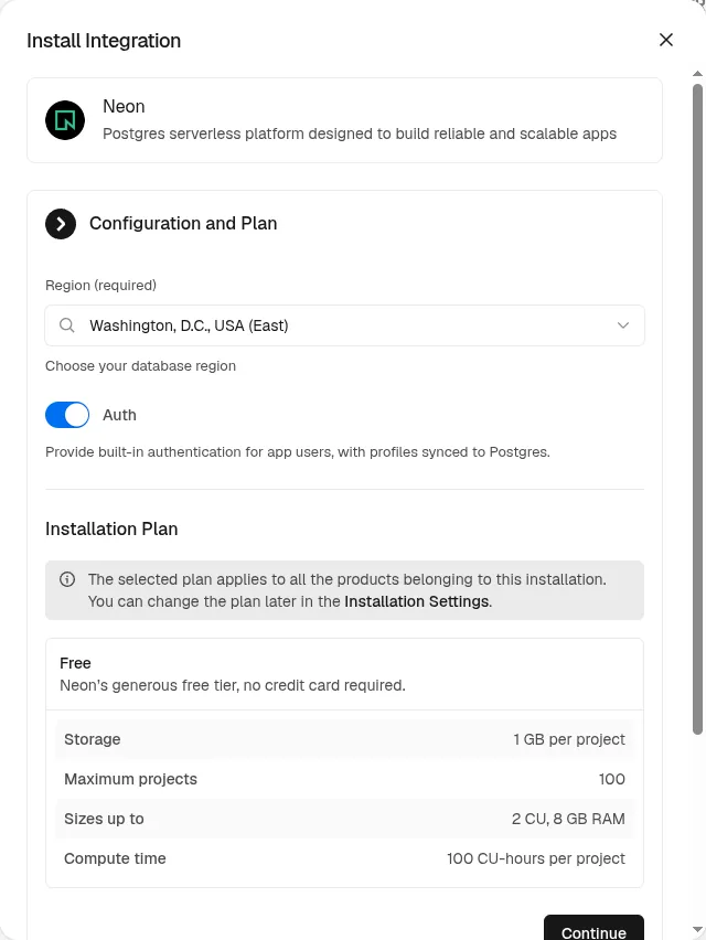 The Neon dialog: region, the Auth toggle, and the Free plan with no credit card required