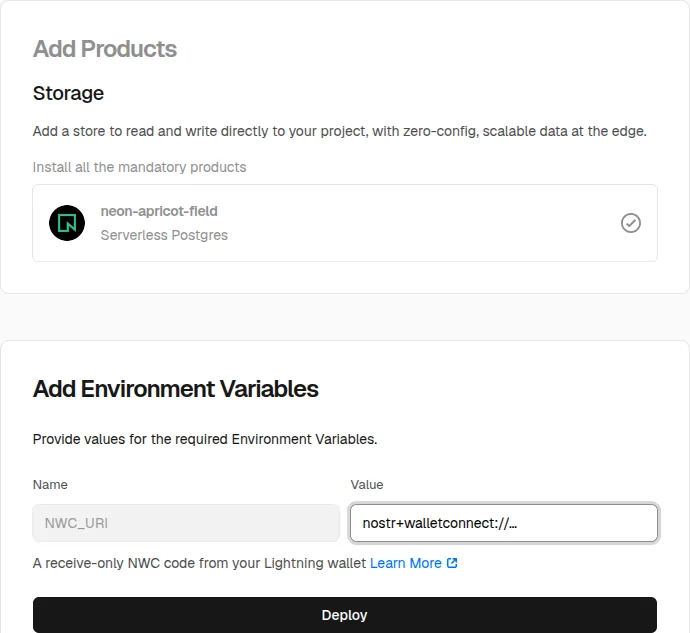 The Neon database added, and the NWC_URI field above the Deploy button
