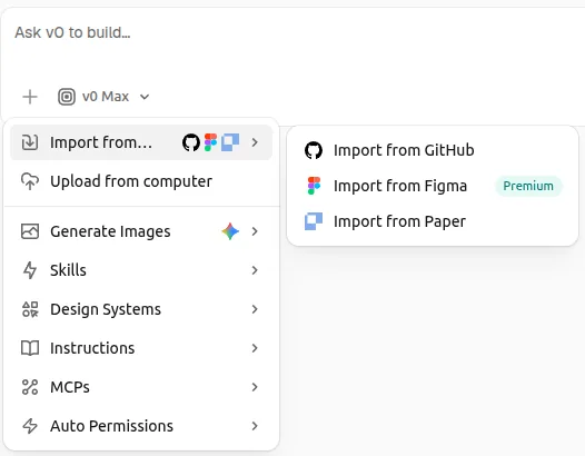 v0's plus menu with Import from, then Import from GitHub