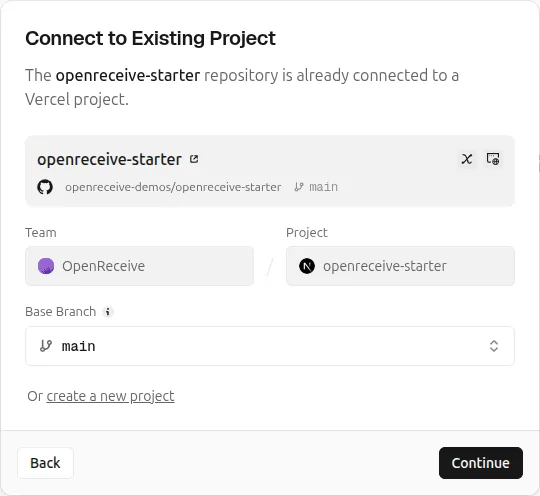 v0's Connect to Existing Project dialog for the starter repository