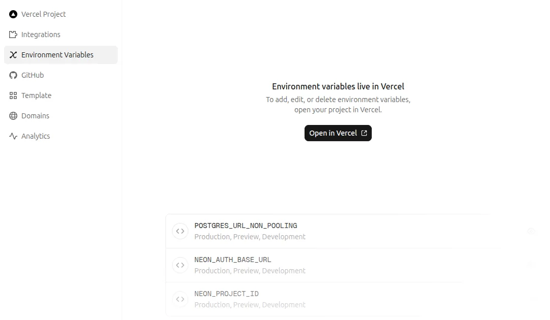 v0's Environment Variables settings: Environment variables live in Vercel, with an Open in Vercel button above Neon's variables