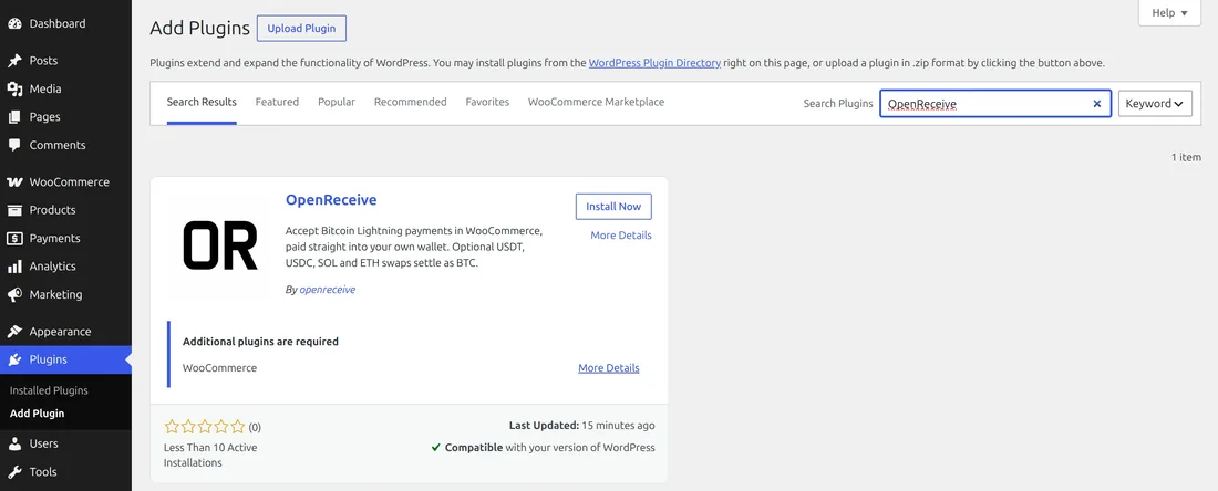 WordPress Add Plugins: the search for OpenReceive finds one plugin, with an Install Now button