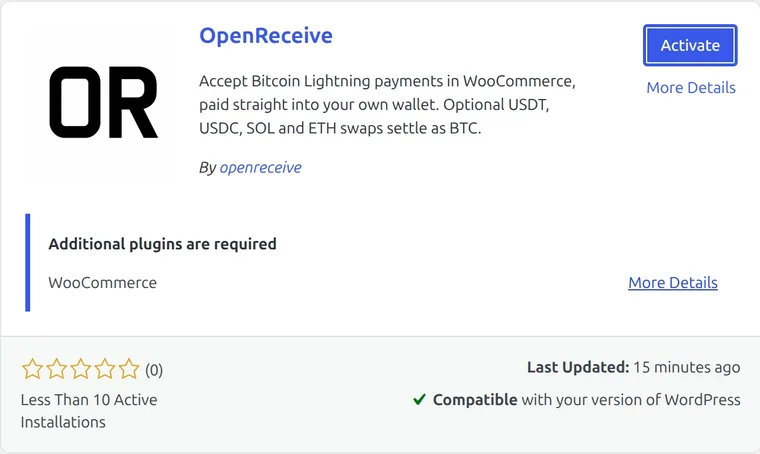 The OpenReceive plugin card after installing, with the Activate button