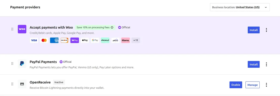WooCommerce Payments settings listing OpenReceive as Inactive, with Enable and Manage buttons