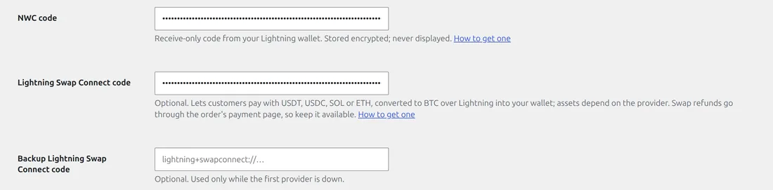 OpenReceive settings: the NWC code and Lightning Swap Connect code fields filled, shown as dots